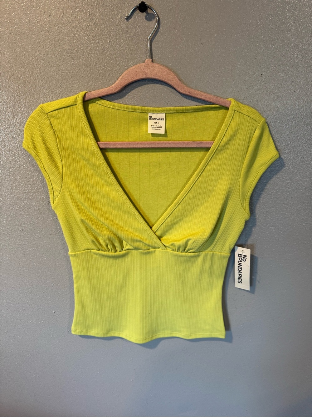 No Boundaries Lime Ribbed V-Neck Empire Seam Crop Top